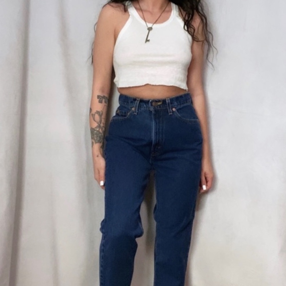LEVIS 521 RARE VINTAGE DARK WASH SLIM FIT CUT HIGH WAISTED DENIM BLUE JEANS